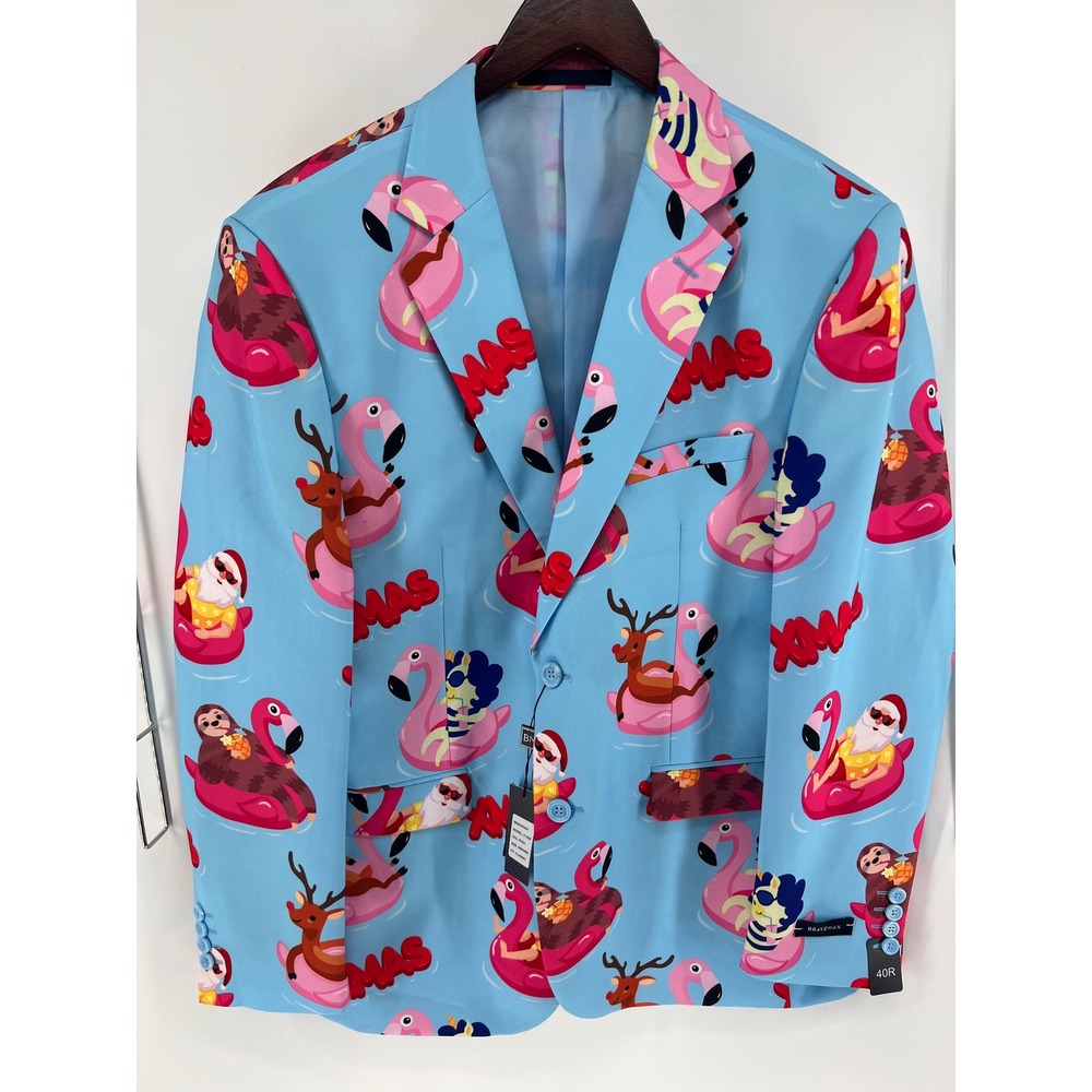 Braveman Mens 40R Blue Flamingo Santa Reindeer Sloth Christmas Suit‎ Blazer